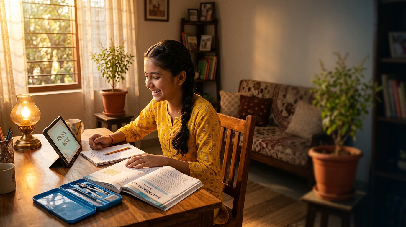 A joyful Indian student learning at home with CBSETUTOR.ai